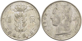БЕЛЬГИЯ 1 ФРАНК 1962 BELGIE, БОДУЭН I (1951-1993) KM 143.1 медно-никель 119-555