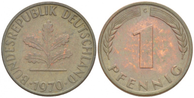 ФРГ 1 ПФЕННИГ 1970 G KM 105 J 380 сталь плакированная медью 3718-216