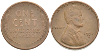 США 1 ЦЕНТ 1951 D, ЛИНКОЛЬН KM А132 медь цинк 218-564