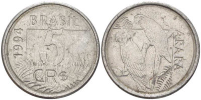 БРАЗИЛИЯ 5 КРУЗЕЙРО РЕАЛ 1994 РЕФОРМА 1993-1994, ПОПУГАИ АРА KM 627 нержавеющая сталь 4388-256