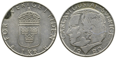 Швеция 1 крона 1980 Карл XVI Густав (1973- ) KM 852 медь плакированная медно-никелем 91-231
