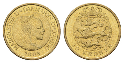 Дания 10 крон 2008 NR, Маргрете II (1972-2024) KM 896 алюминиевая бронза UNC 117-112