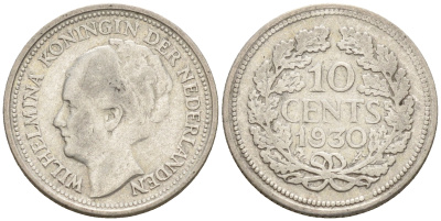 Нидерланды 10 центов 1930 Вильгельмина I (1890-1948) КМ 163 серебро    4160-1233