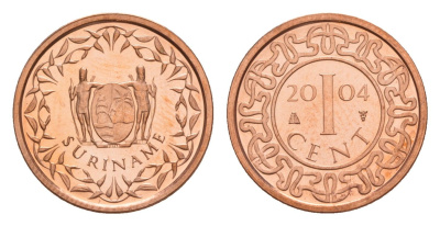 Суринам 1 цент 2004 тираж 4.000 экземпляров KM 11b сталь плакированная медью BU 4649-952