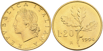 Италия 20 лир 1994 R, дубовый лист KM 97.2 алюминиевая бронза  UNC  4594-864