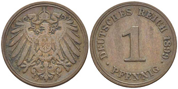 ГЕРМАНИЯ 1 ПФЕННИГ 1899 J KM 10, J. 10, Weege 2 медь 211-239