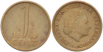Нидерланды 1 цент 1960 Юлиана (1949-1980) KM 180 бронза 3955-123