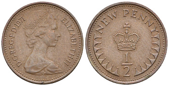 Великобритания 1/2 пенни 1971 Елизавета II (1952-2022) KM 914, Spink 4239 бронза 4609-957