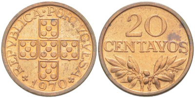 ПОРТУГАЛИЯ 20 СЕНТАВО 1970 KM 595 бронза XF+ 4516-359