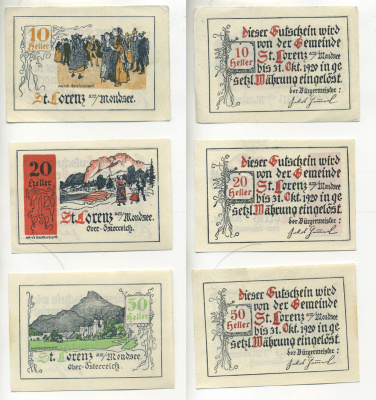 Австрия набор из 3 банкнот 1920 31 октября 1920, нотгельд, 10, 20, 50 геллеров, ST. LORENZ  am MONDSEE   бумага  XF 7555-2-4-1