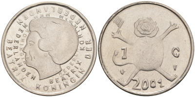 Нидерланды 1 гульден 2001 прощай гульден, детский рисунок, лев с флагом в руках KM 233 никель UNC 106-331