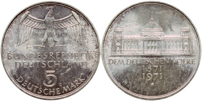 ФРГ 5 марок 1971 G, 100 лет основания Германской Империи KM 128.1, J. 409 серебро aUNC 1529-245