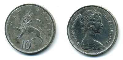 Великобритания 10 пенсов 1976 Елизавета II (1952-2022) KM 912, Spink 4231 (F1) медно-никель  4110-1415