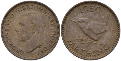 Великобритания 1 фартинг 1950 Георг VI (1936-1952) KM 867, Spink 4119 бронза 4596-1026