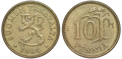 ФИНЛЯНДИЯ 10 ПЕННИ 1964 S KM 46 алюминиевая бронза 3334-1119