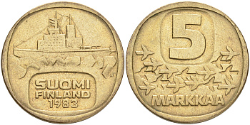 ФИНЛЯНДИЯ 5 МАРОК 1983 N ЛЕДОКОЛ KM 57 алюминиевая бронза 4556-853