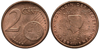 НИДЕРЛАНДЫ 2 ЕВРОЦЕНТА 2001 КОРОЛЕВА БЕАТРИКС KM 235 сталь плакированная медью 4181-434
