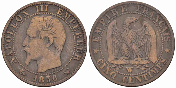 ФРАНЦИЯ 5 САНТИМОВ 1856 W, НАПОЛЕОН III (1852-1870) KM 777.7, LE FRANC 116.36 бронза 108-355
