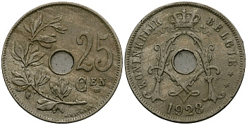 Бельгия 25 сантимов 1928 Belgie KM 69 медно-никель 4131-812