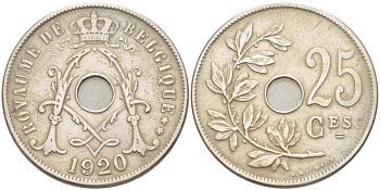 БЕЛЬГИЯ 25 САНТИМОВ 1920 BELGIQUE KM 68.1 медно-никель 210-1054