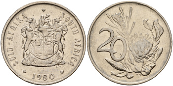 ЮАР 20 центов 1980 герб, цветок протея KM 86  никель    4601-912