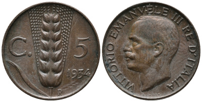 ИТАЛИЯ 5 ЧЕНТЕЗИМО 1934 R, ВИКТОР ИМАНУИЛ III. КОЛОС KM 59 медь 66-129