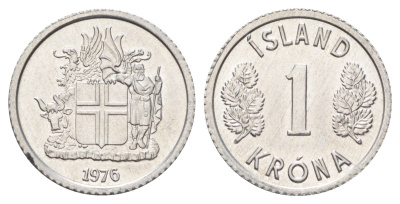 Исландия 1 крона 1976 KM 23 алюминий UNC 4668-932