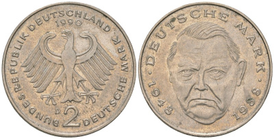 ФРГ 2 марки 1990 D, Людвиг Эрхард, 40 лет Федеративной Республике KM 170 медно-никель 4574-225