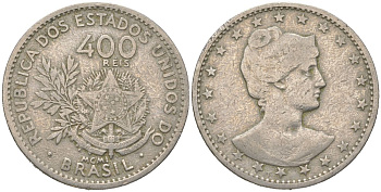 Бразилия 400 реалов 1901 MCMI, голова свободы вправо KM 505 медно-никель 4612-427