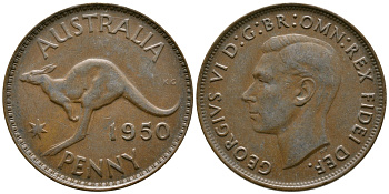 АВСТРАЛИЯ 1 ПЕННИ 1950 m, ГЕОРГ VI (1936-1952), КЕНГУРУ KM 43 бронза 84-1113