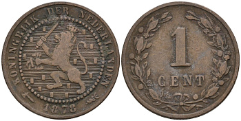Нидерланды 1 цент 1878 Виллем III (1849-1890) KM 107 бронза 4576-541
