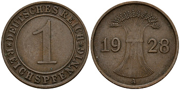 Германия 1 рейхспфенниг 1928 A KM 37, J. 313 бронза 4189-815