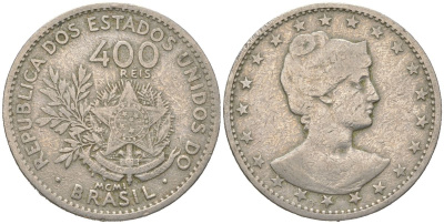 Бразилия 400 реалов 1901 MCMI, голова свободы вправо KM 505 медно-никель 4612-427