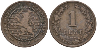Нидерланды 1 цент 1878 Виллем III (1849-1890) KM 107 бронза 4576-541