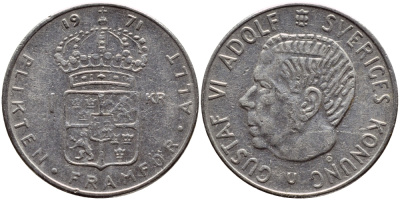 Швеция 1 крона 1971 Густав VI Адольф (1950-1973) KM 826a медь плакированная медно-никелем 4388-1257