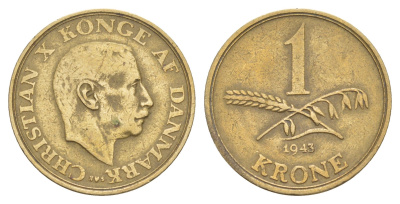 Дания 1 крона 1943 N, Кристиан X (1912-1947) KM 835 алюминиевая бронза 4654-736