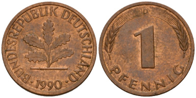 ФРГ 1 пфенниг 1990 D KM 105, J.380 сталь плакированная медью 4602-769