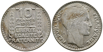 Франция 10 франков 1933 Пьер Тюрен KM 878, Le Franc 360.6 серебро 63-827