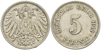 ГЕРМАНИЯ 5 ПФЕННИГОВ 1914 G KM 11, J. 12 медно-никель 105-217