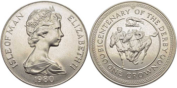 Остров Мэн 1 крона 1980 200 лет дерби, ипподромные скачки KM 63 медно-никель UNC 107-523