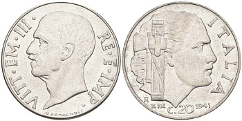 ИТАЛИЯ 20 ЧЕНТЕЗИМО 1941 R, ГОД XIX, ВИКТОР ЭММАНУИЛ III (1900-1946) KM 75b, VEM3. 1028 нержавеющая сталь 3853-642