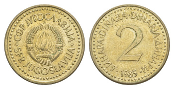 Югославия 2 динара 1985 KM 87 никель латунь 4632-349