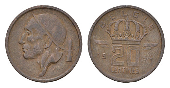 Бельгия 20 сантимов 1954 Belgie, Бодуэн I (1951-1993) KM 147 бронза 4674-416