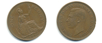 Великобритания 1 пенни 1947 Георг VI (1936-1952) KM 845, Spink 4114 бронза89-233