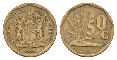 ЮАР 50 центов 1993 Зантедеския Эллиота (калла), герб KM 137 сталь плакированная латунью 4114-752