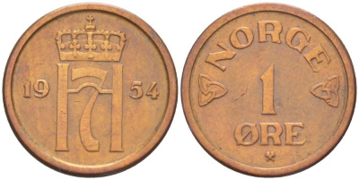 НОРВЕГИЯ 1 ЭРЕ 1954 ХОКОН VII (1905-1957) KM 398 бронза 4516-762