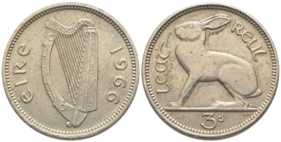 Ирландия 3 пенса 1966 заяц KM 12а медно-никель 112-618