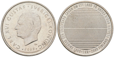 Швеция 1 крона 2009 SI, 200 лет разделению Финляндии и Швеции, Карл XVI Густав (1973-) KM 916 медно-никель 4561-437