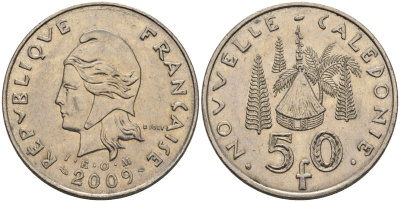 Французская Новая Каледония 50 франков 2009 хижина среди сосен и пальм, (IEOM) KM 13a, Schoen 15a, Lec 128i медно-никель 4111-612