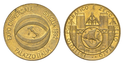 Италия медаль Итальянский павильон на выставке в Севилье ЭКСПО-92 1992 диаметр 19,5 мм, вес 2,6 гр латунь 4669-258
